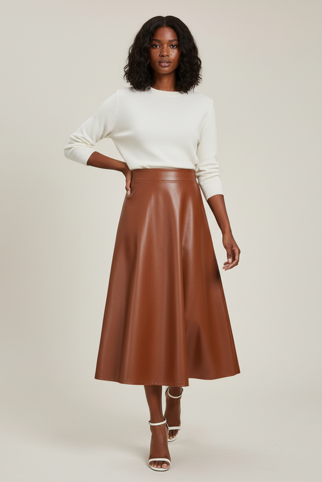 Jupe Cuir Marron Évasée Chic Bohème