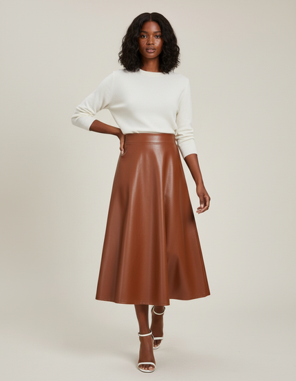 Jupe Cuir Marron Évasée Chic Bohème