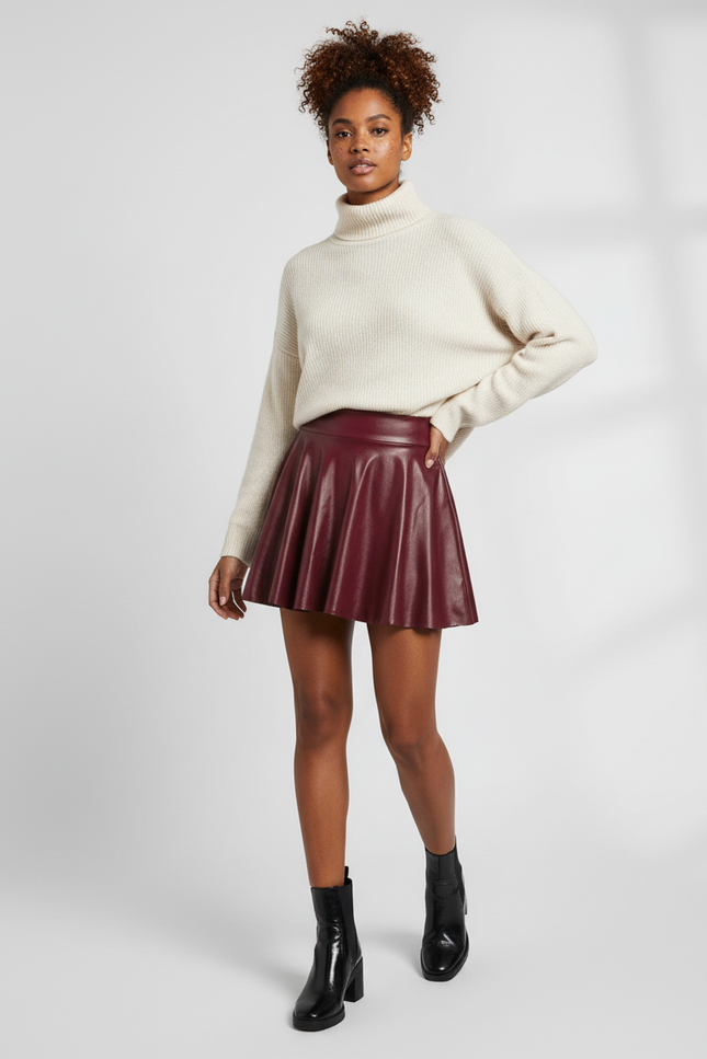 Jupe Plissée Simili Cuir Bordeaux