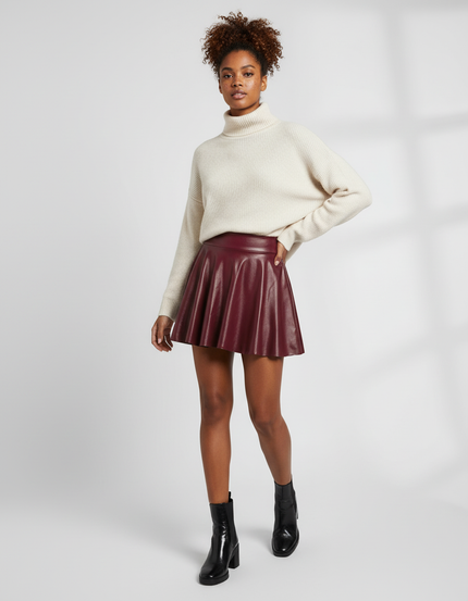 Jupe Plissée Simili Cuir Bordeaux
