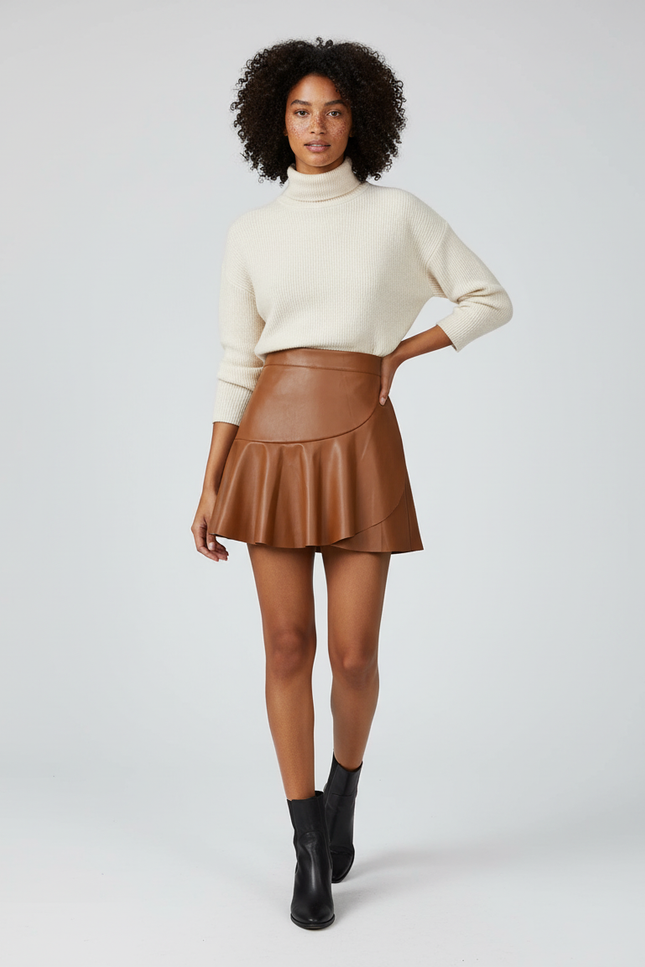 Jupe Short Simili Cuir Marron