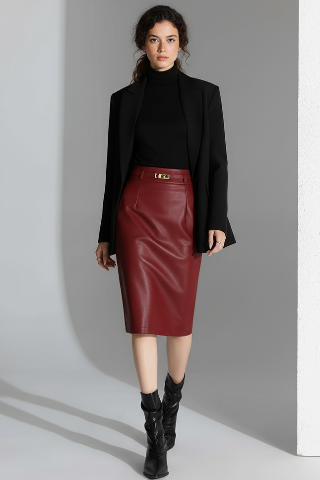 Jupe Cuir Rouge Crayon Chic