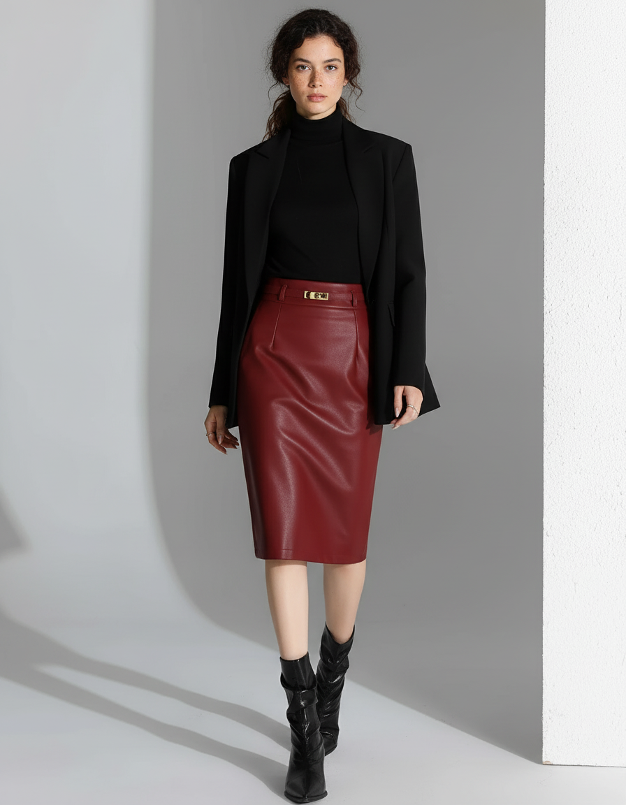 Jupe Cuir Rouge Crayon Chic