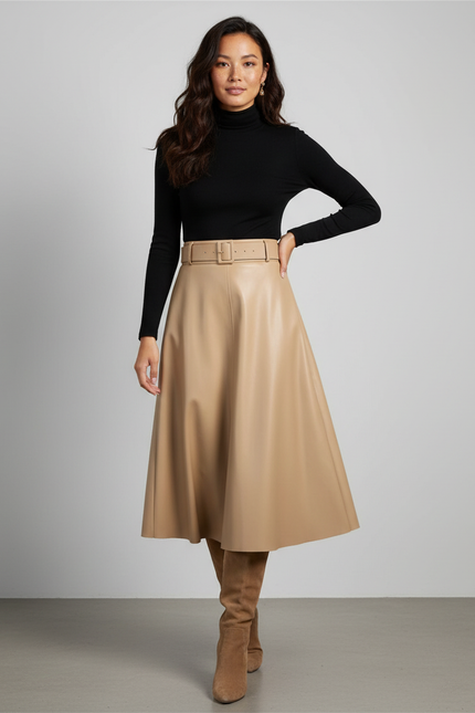 Jupe Longue Simili Cuir Camel