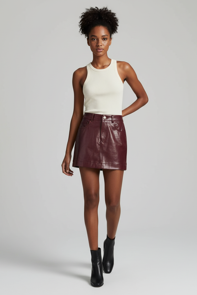 Jupe Simili Cuir Rouge Bordeaux
