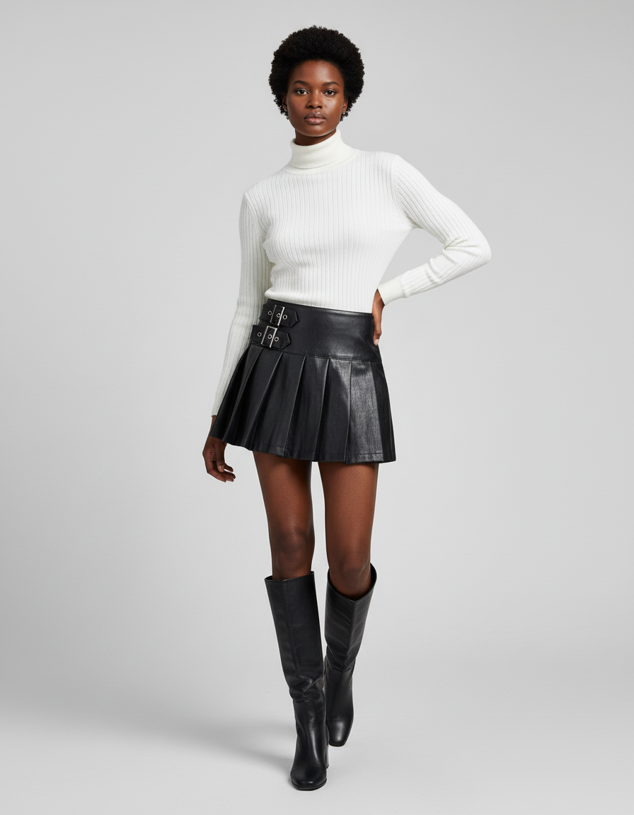 Jupe Plissée Noire Simili Cuir