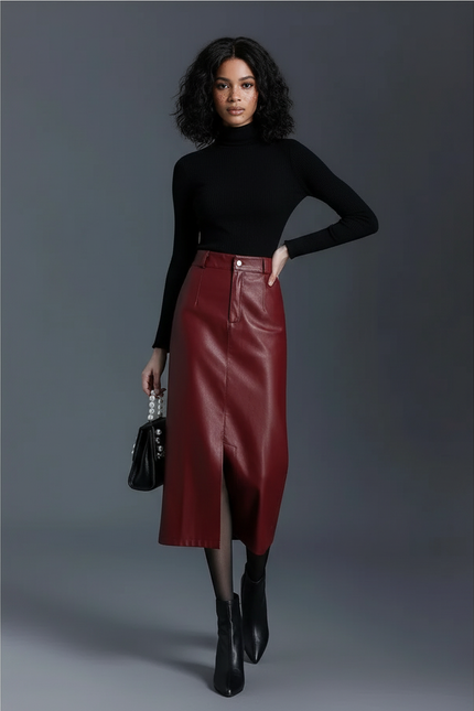Jupe Crayon Cuir Bordeaux