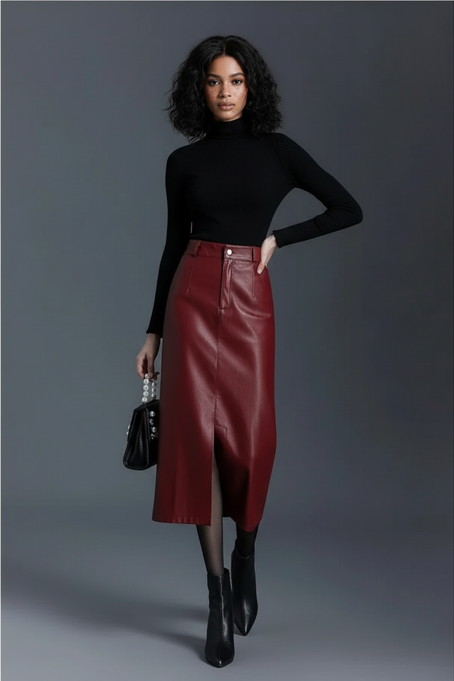 Jupe Crayon Cuir Bordeaux