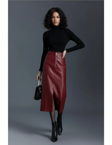 Jupe Crayon Cuir Bordeaux