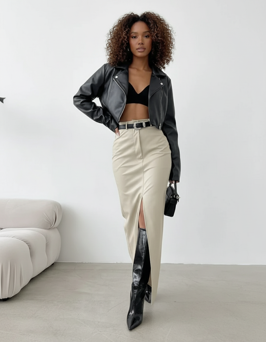 Jupe Simili Cuir Beige