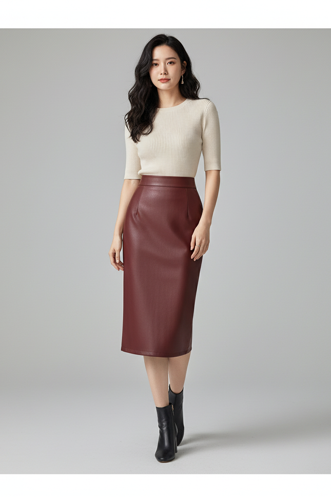 Jupe Cuir Bordeaux Femme