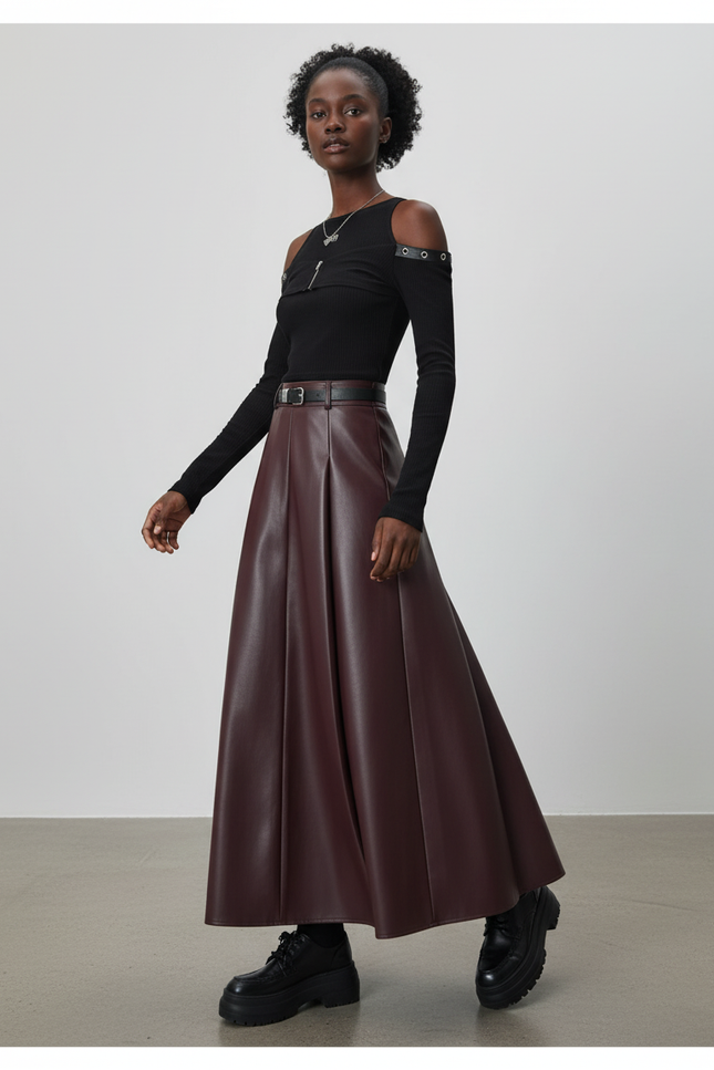Jupe Longue Simili Cuir Bordeaux