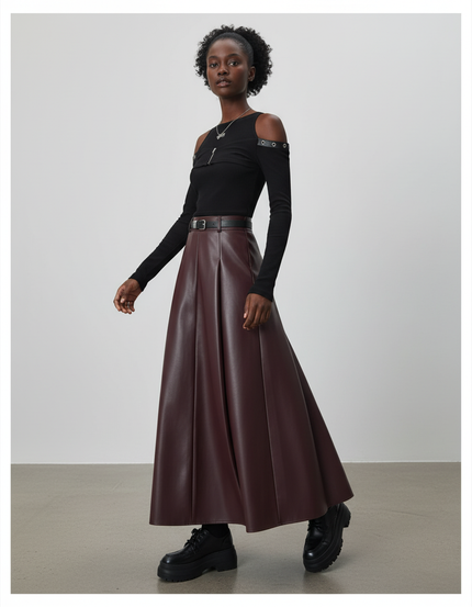 Jupe Longue Simili Cuir Bordeaux