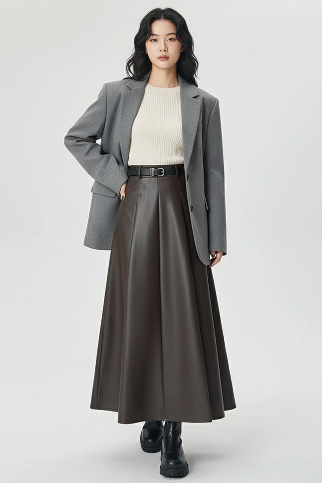 Jupe Plissée Cuir Marron