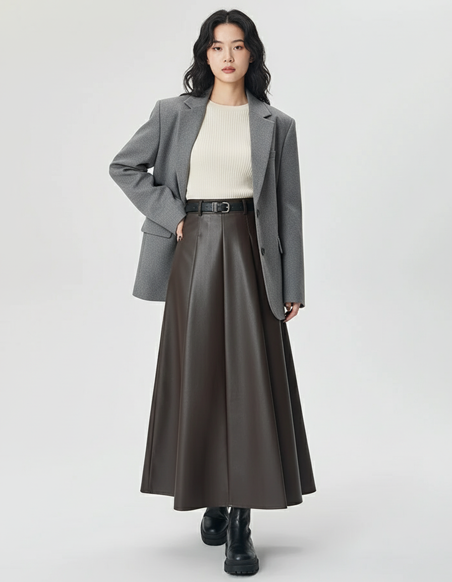 Jupe Plissée Cuir Marron