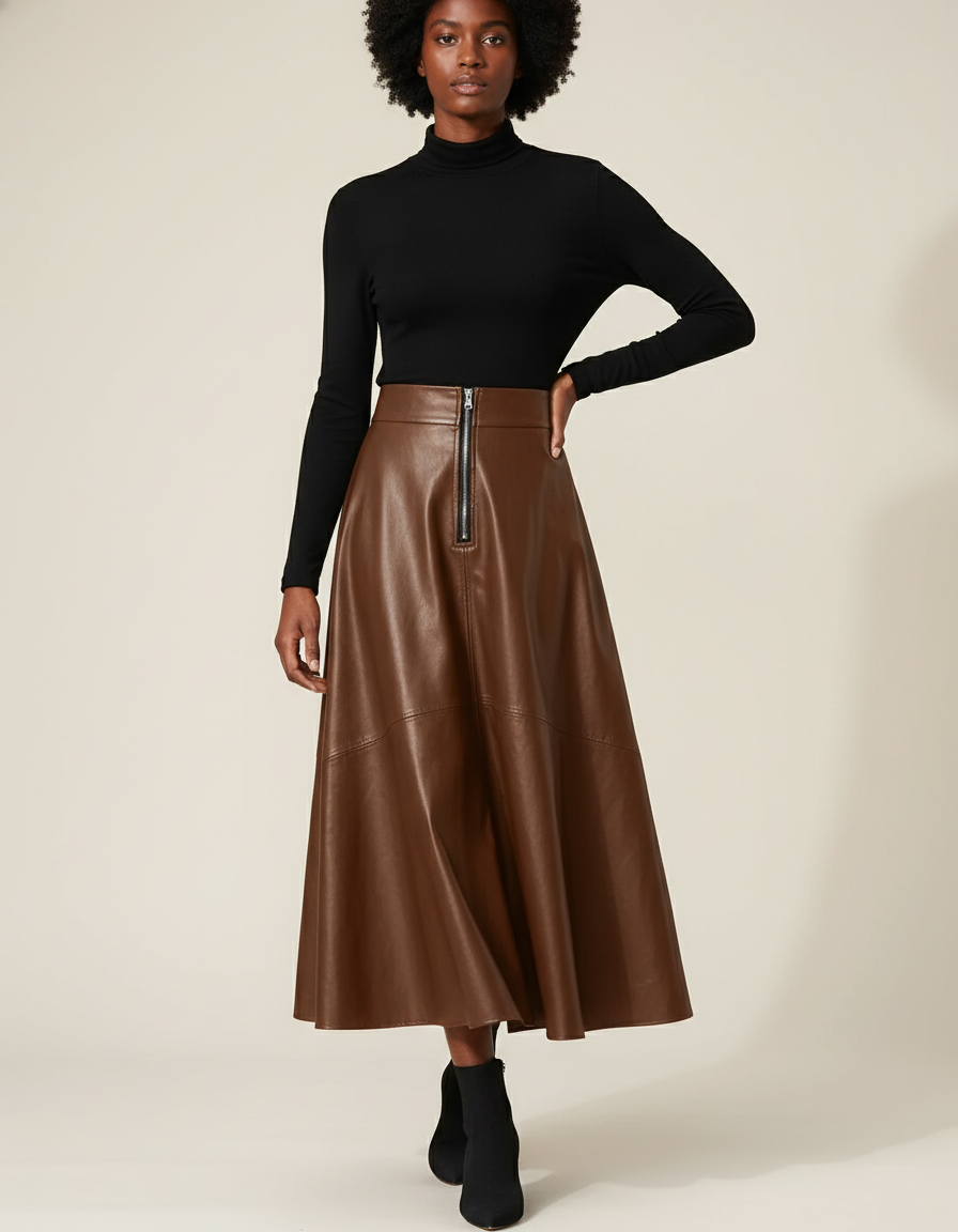 Jupe Longue Cuir Marron