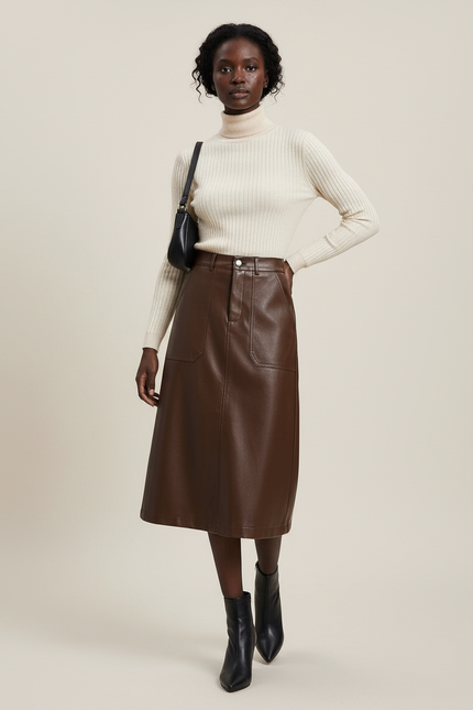 Jupe Marron Simili Cuir