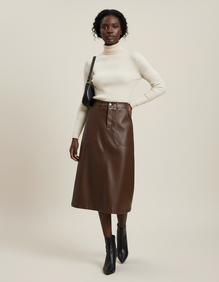 Jupe Marron Simili Cuir