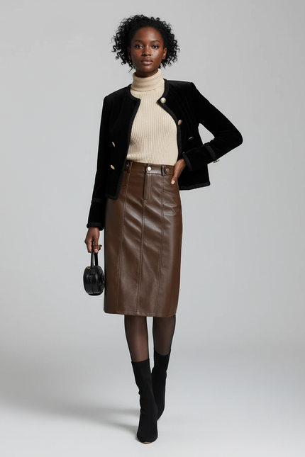 Jupe Crayon Cuir Taille Haute