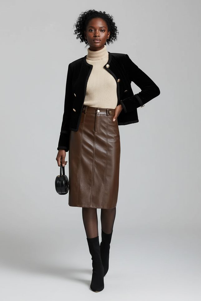 Jupe Crayon Cuir Taille Haute