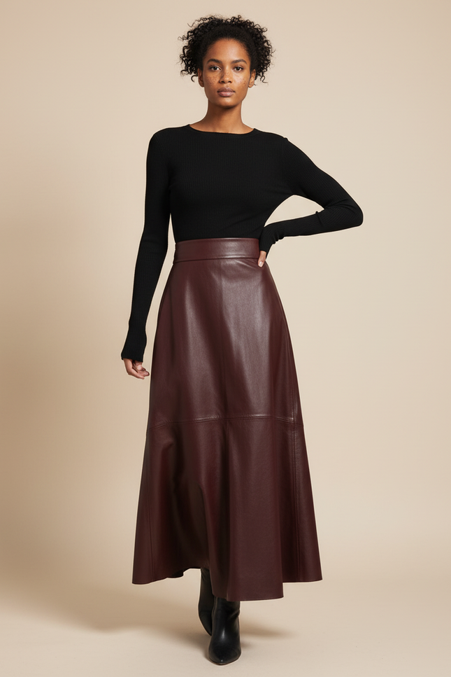 Jupe Longue Cuir Bordeaux