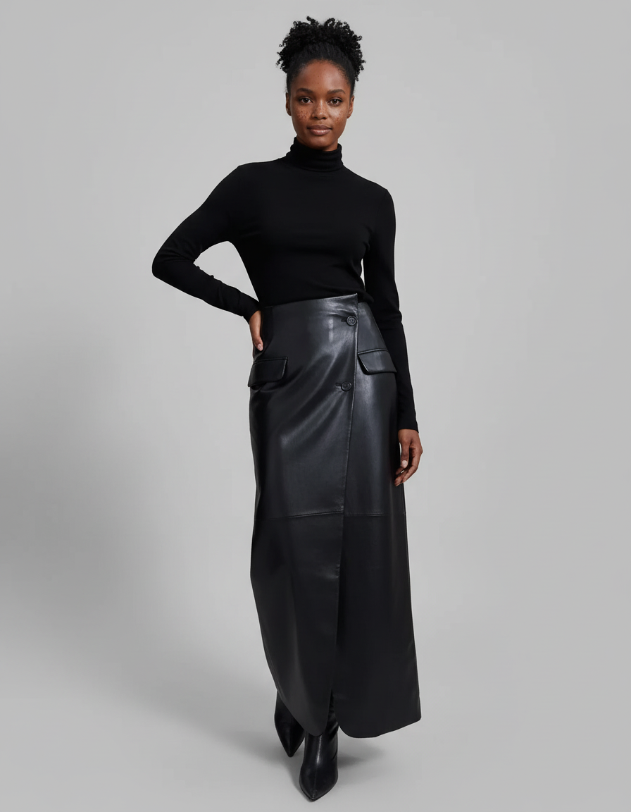 Jupe Portefeuille Cuir Noir