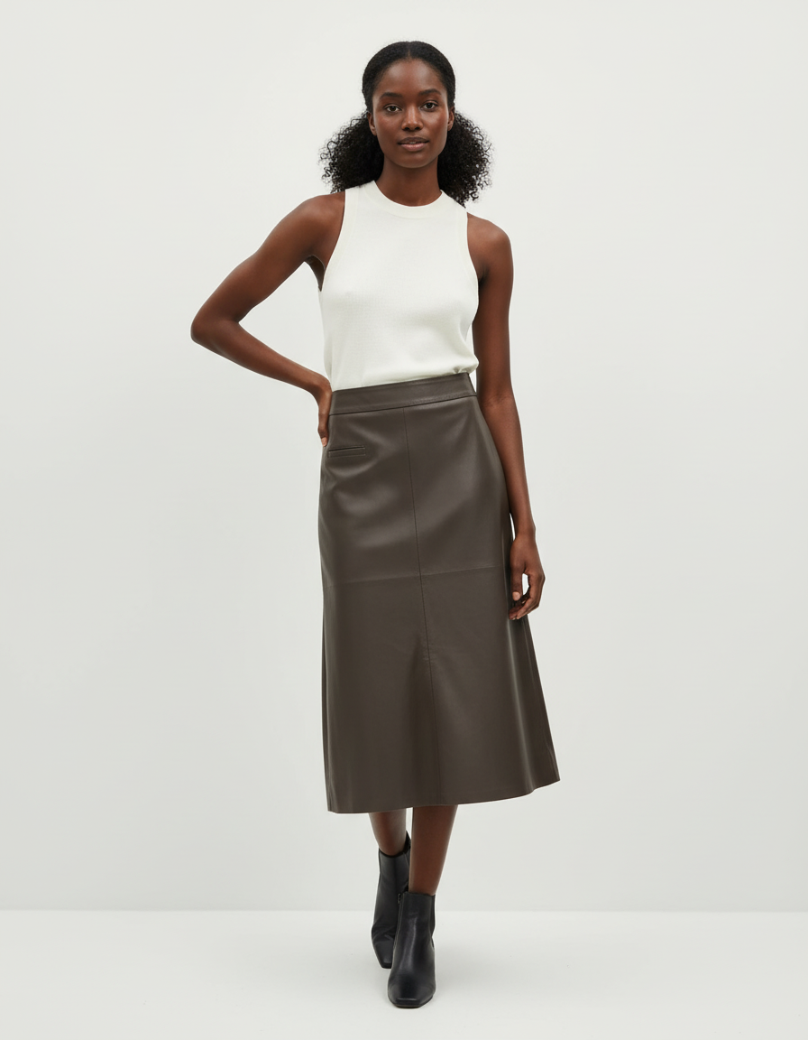 Jupe Cuir Marron Mi-Longue