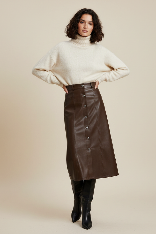 Jupe En Cuir Avec Bouton Devant