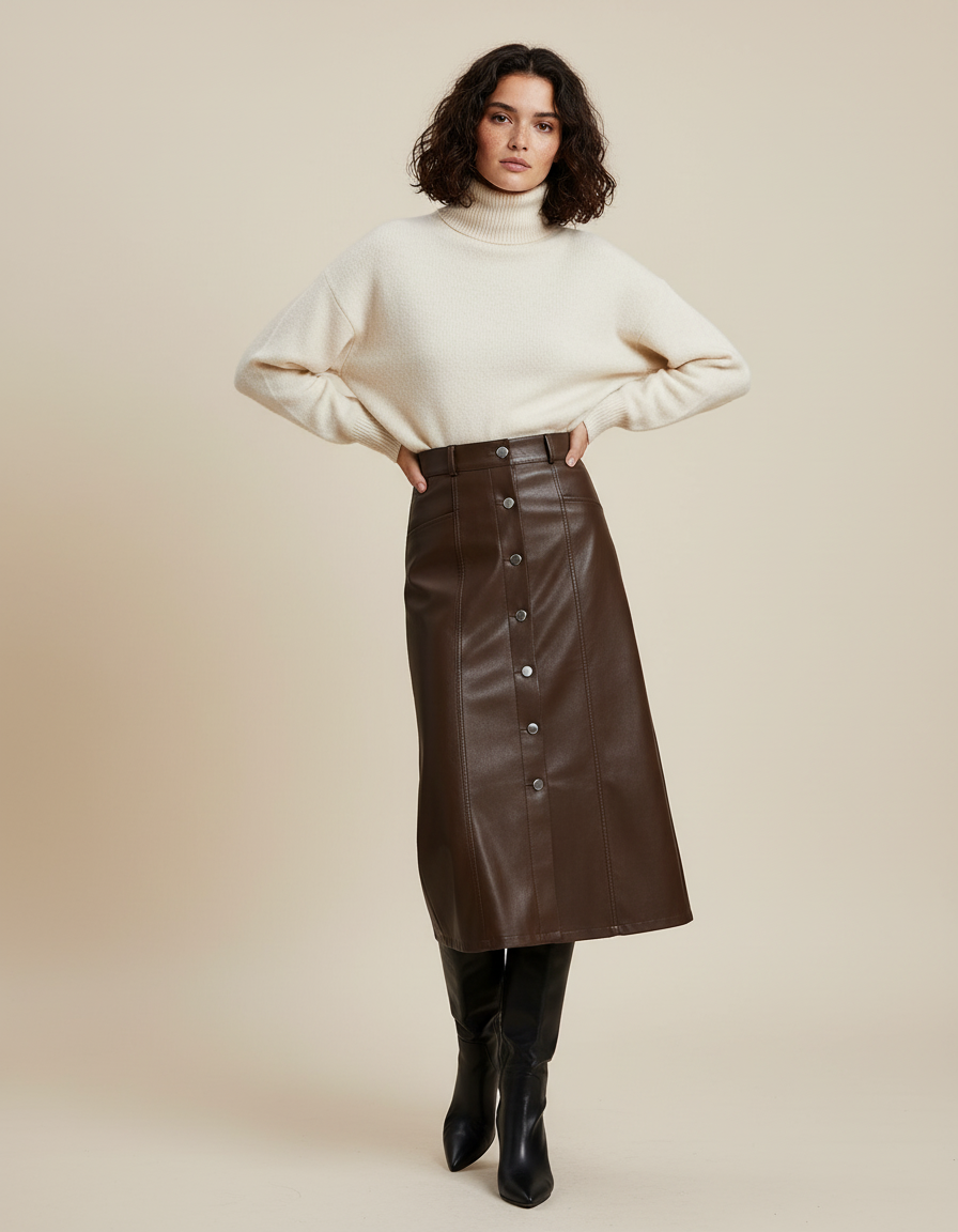 Jupe En Cuir Avec Bouton Devant