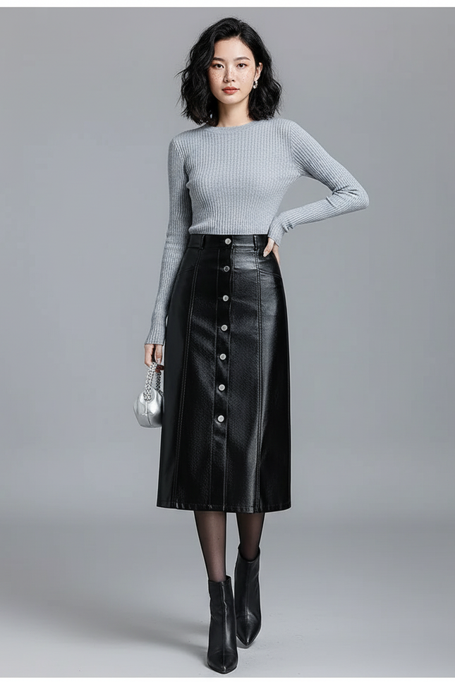 Jupe Simili Cuir Bouton