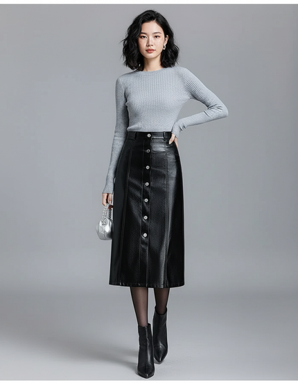 Jupe Simili Cuir Bouton