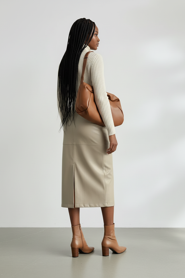 Jupe Crayon Cuir Beige