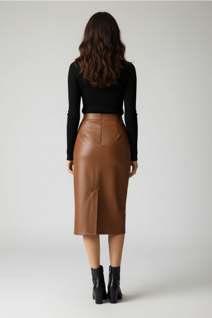 Jupe Crayon Cuir Camel