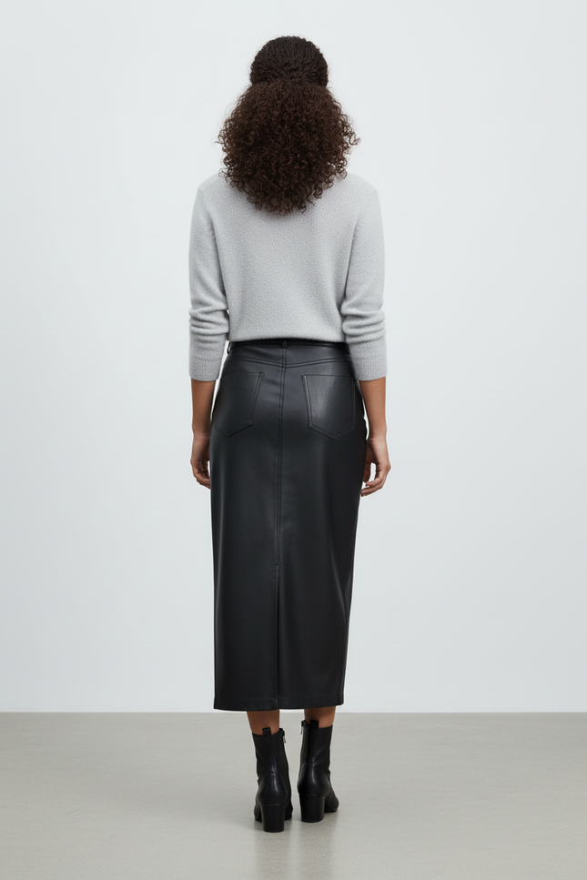 Jupe Cuir Midi Noire Chic
