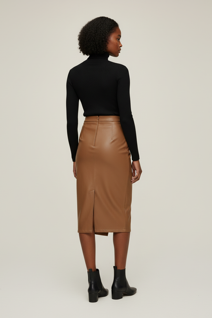 Jupe Crayon Simili Cuir Camel