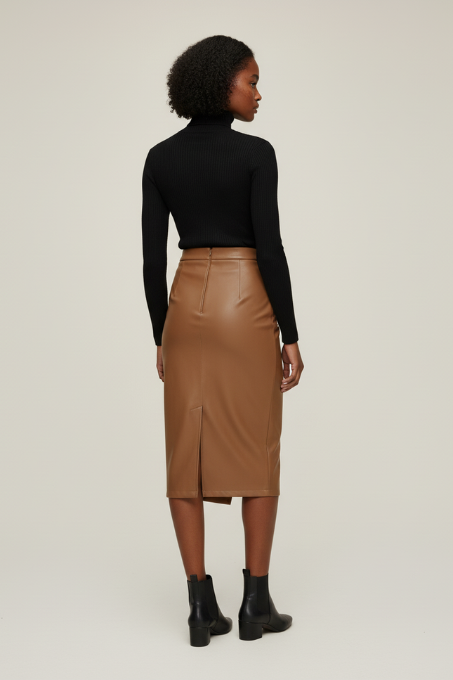 Jupe Crayon Simili Cuir Camel