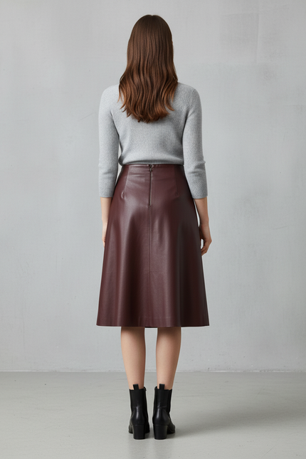 Jupe Cuir Bordeaux Évasée Chic