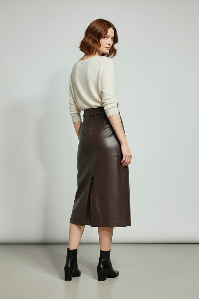 Jupe Cuir Marron Droite Chic