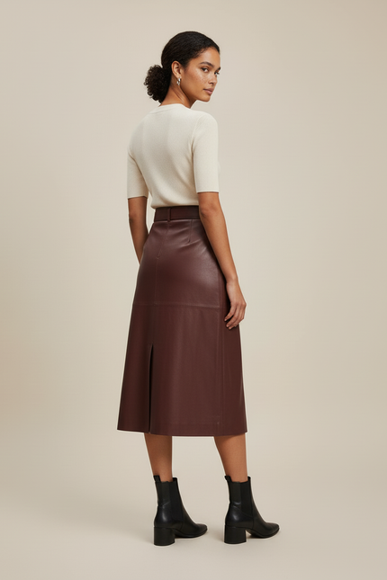 Jupe Cuir Bordeaux Midi Chic