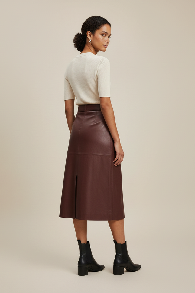 Jupe Cuir Bordeaux Midi Chic