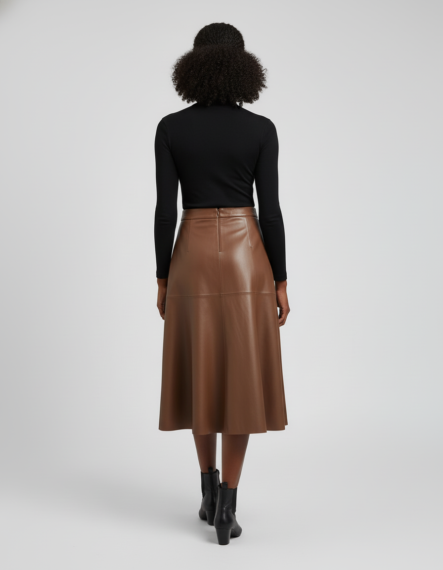 Jupe Cuir Camel Évasée Élégante