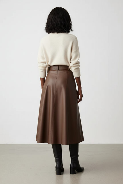 Jupe Cuir Marron Évasée Élégante