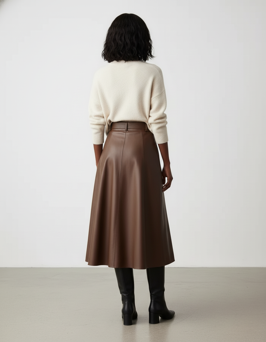 Jupe Cuir Marron Évasée Élégante