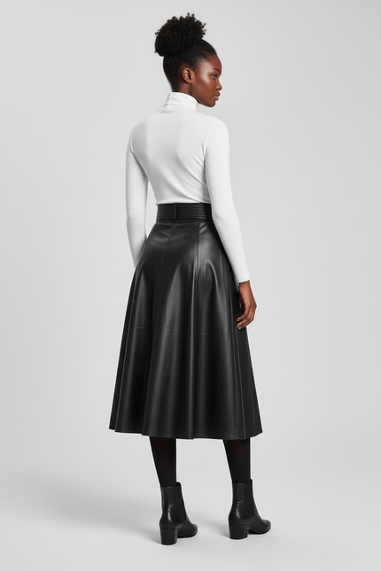 Jupe Cuir Noire Évasée Élégante