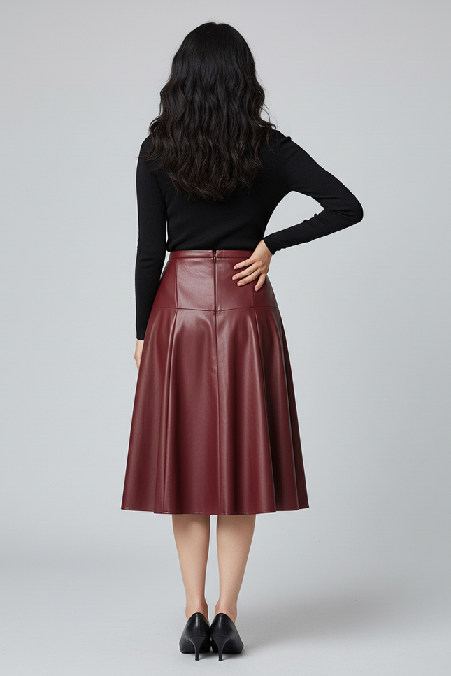 Jupe Patineuse Simili Cuir Bordeaux