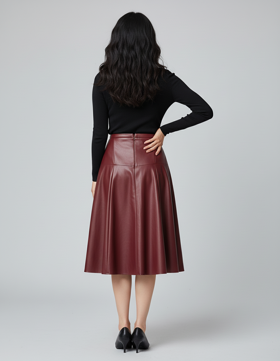 Jupe Patineuse Simili Cuir Bordeaux