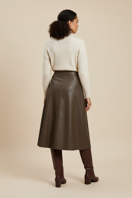 Jupe Cuir Marron Évasée Élégante Fluide