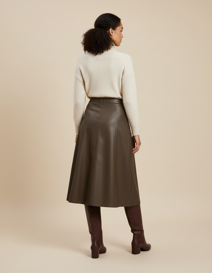 Jupe Cuir Marron Évasée Élégante Fluide