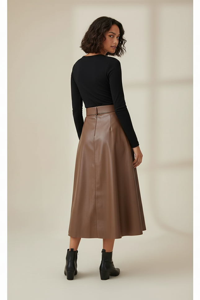 Jupe Cuir Marron Ceinturée Élégante