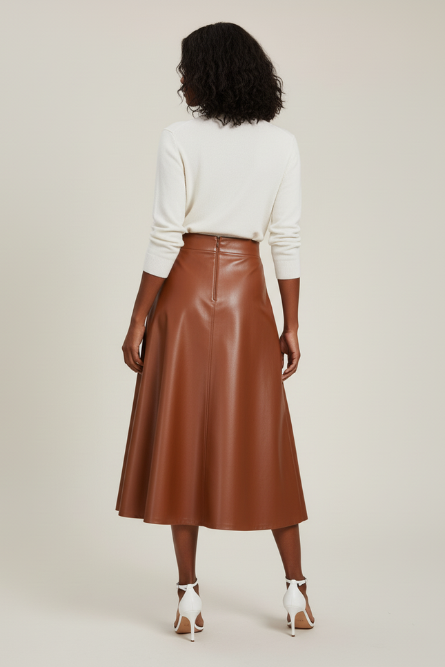 Jupe Cuir Marron Évasée Chic Bohème